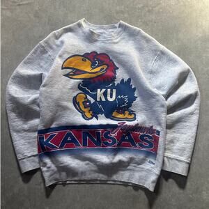 90s Vintage Kansas Jayhawks Wrap Around Heather Gray Crewneck Size L